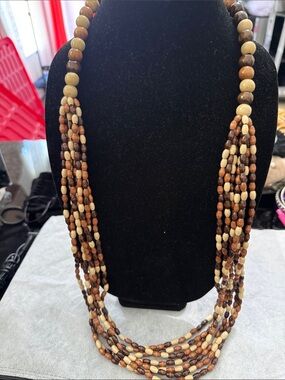 Multi-Strand Brown and Cream Beaded Necklace